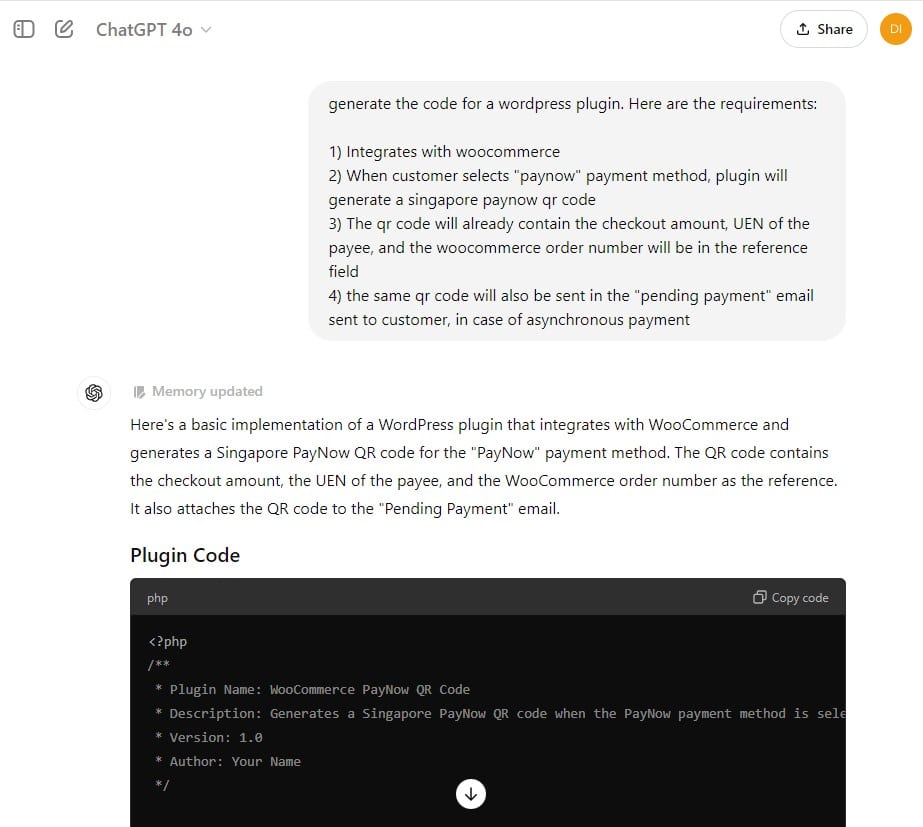 chatgpt 4o prompt to make woocommerce wordpress plugin for SGQR paynow code