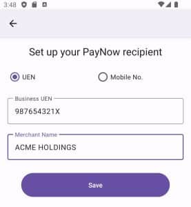 Set up Singaoore SG paynow recipient in the mobile app using UEN or mobile app