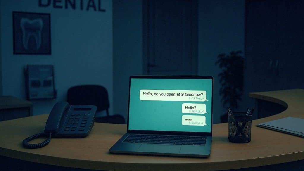 dental clinic at night. The place is shut but someone is messaging the laptop. Since nobody is around to answer, the customer gives up