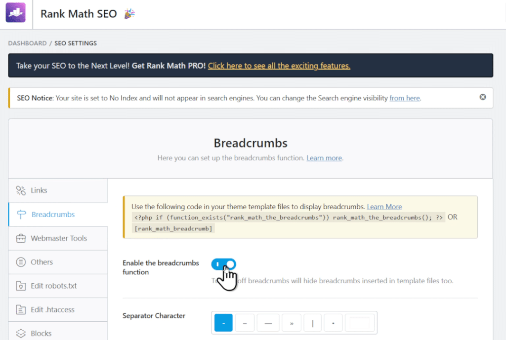 Above: Enabling breadcrumbs in your store