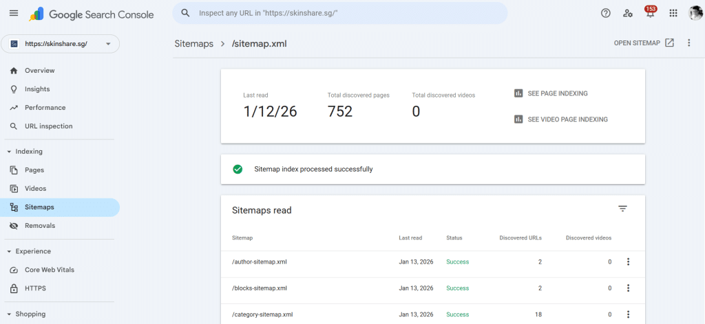 Above: Sitemaps added to Google Search Console