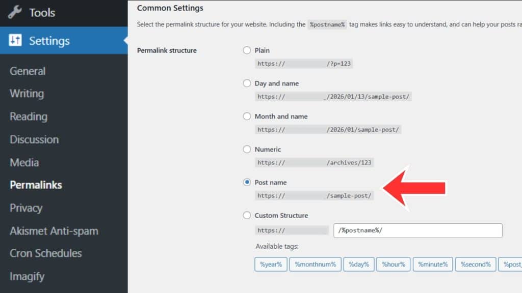 Above: Change your permalinks for "post name" for better SEO