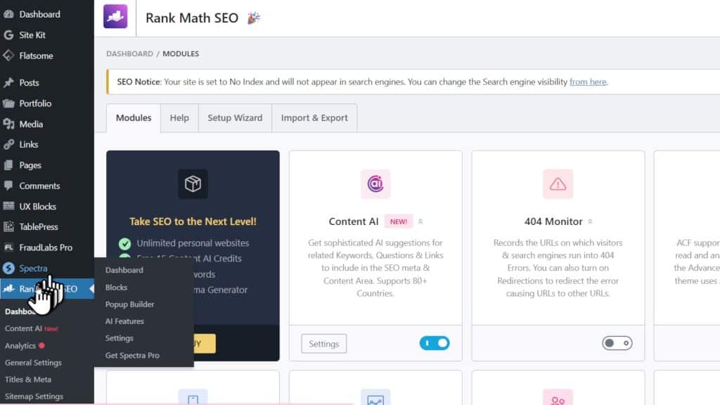 Above: Setting up Rank Math plugin