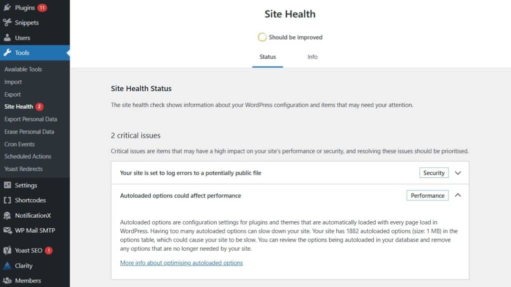 WordPress site health in the Tools menu gives information about your infrastructure