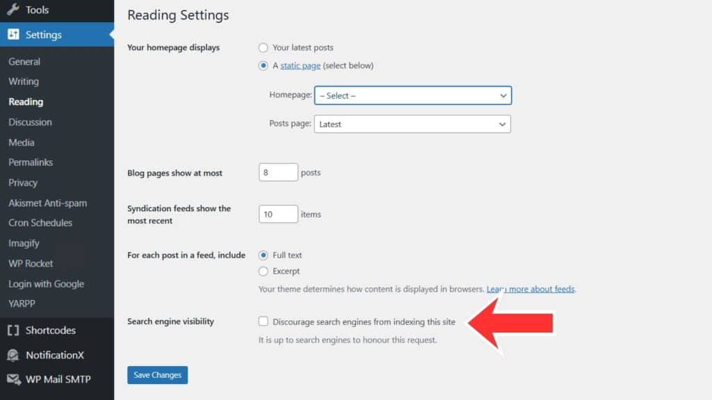 Above: Make sure "Discourage search engines from indexing this site" is unchecked