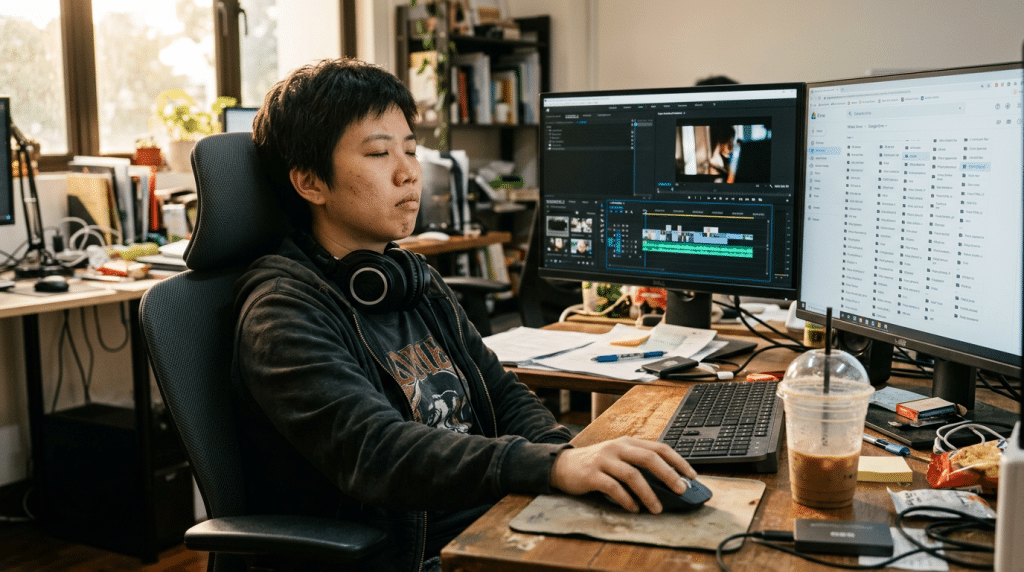 Above: Tired video editor looking for stock footage