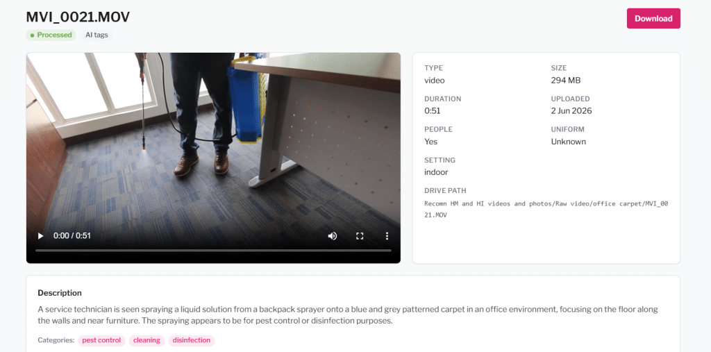 Above: A media file that has been processed by AI. The metadata now includes a description, tagged with service categories, whether the setting was indoor or outdoor, and whether the person was wearing our uniform