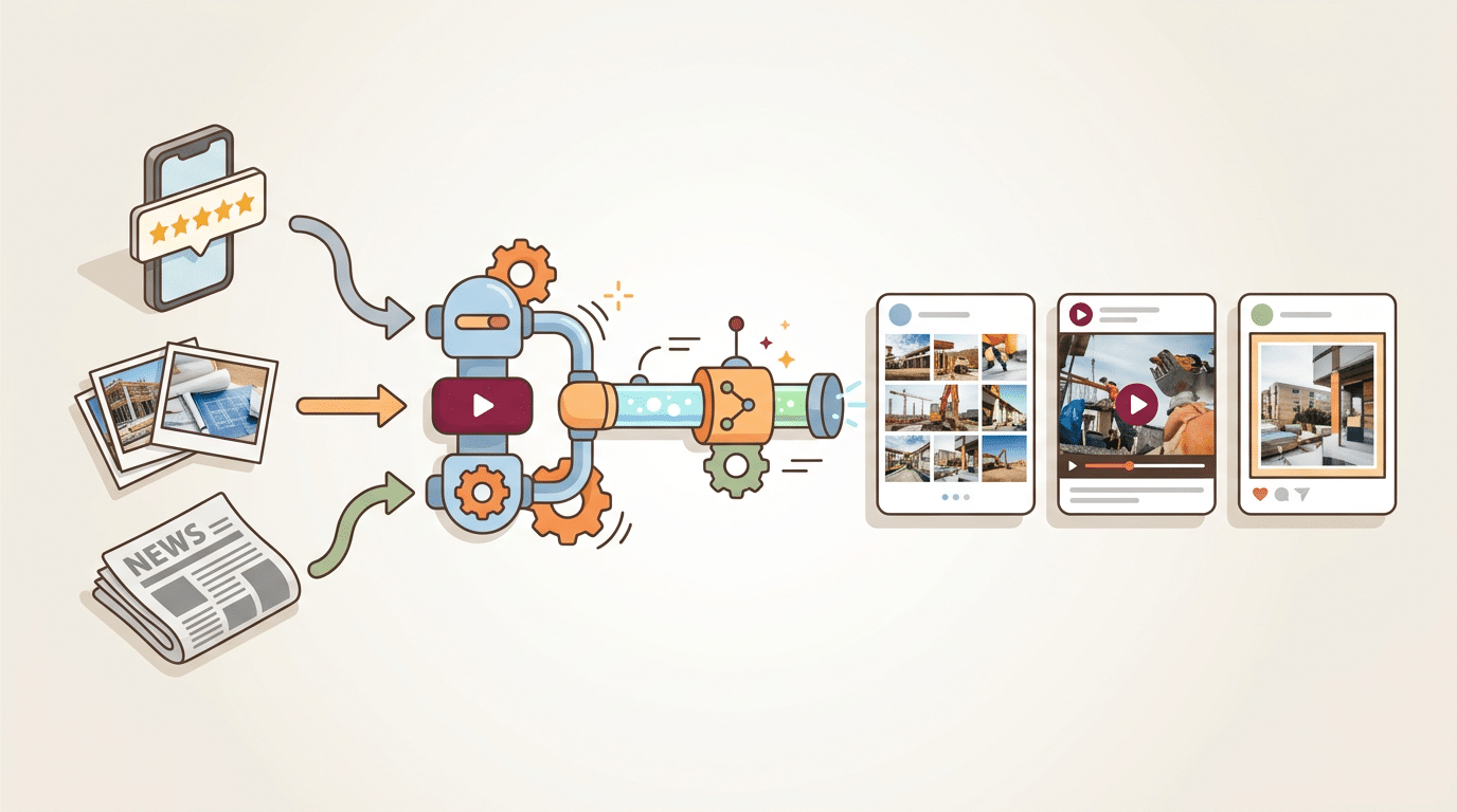 Isometric illustration of raw material like reviews, job photos and news flowing through an automation pipeline into finished social media posts