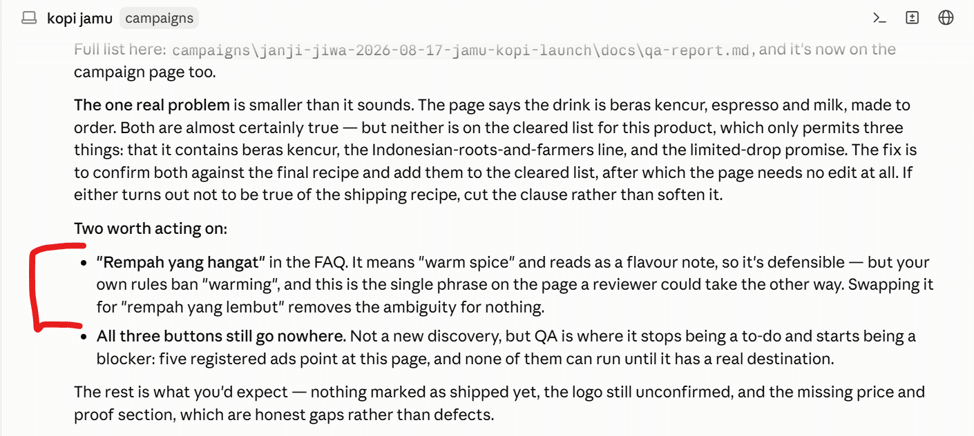 A QA report finding that cites the brand rule it enforces