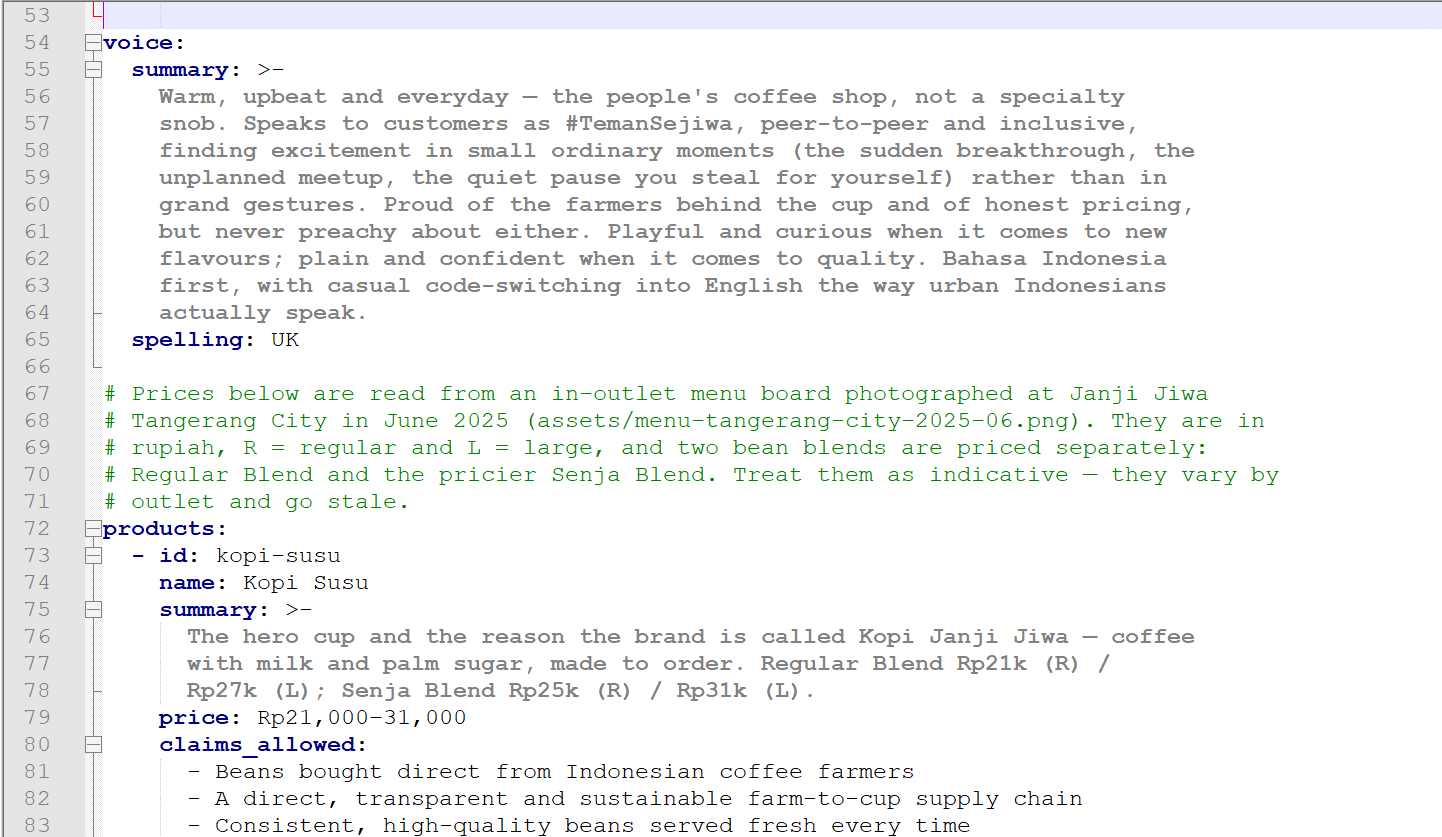 The generated pack.yaml for Janji Jiwa, showing the voice summary and the first product with its cleared claims