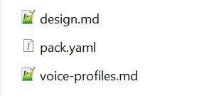The three brand files in the halfborg folder: design.md, pack.yaml and voice-profiles.md