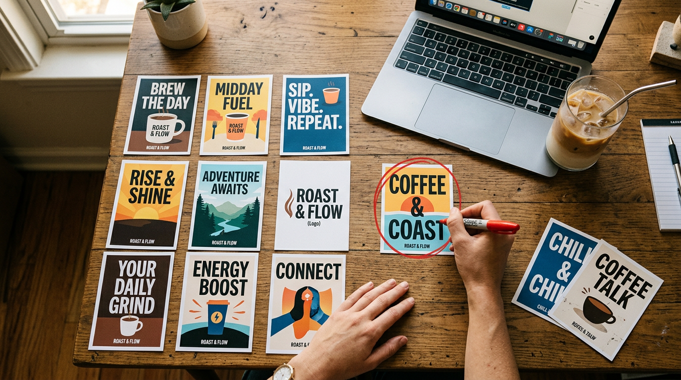 Ten AI ad concepts on a desk, one circled